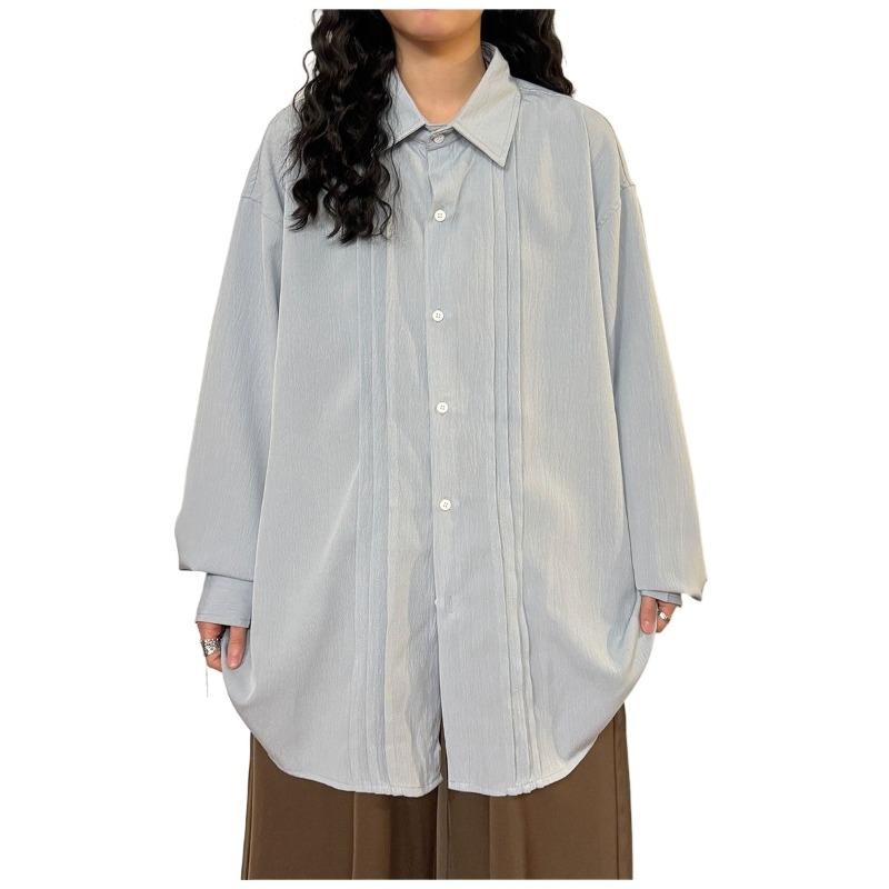 

Women s Pleated Single Breasted Shirt Turndown Collar Striped Solid Color Ladies Long Sleeved Shirts Spring Casual Trendy Famale Top S синий
