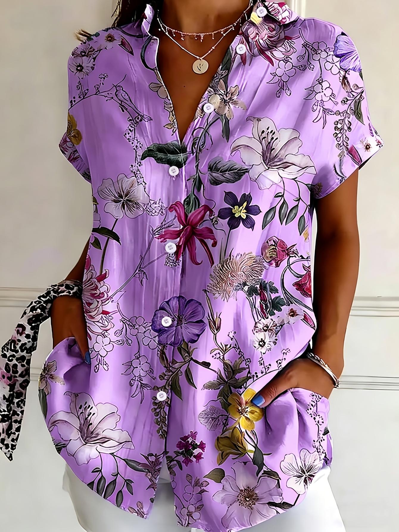 Plus Size - Plus Size - Casual Fashion Retro Floral Print Women S Plus Size Button-Up Short Sleeve Shirt Open Front Top S