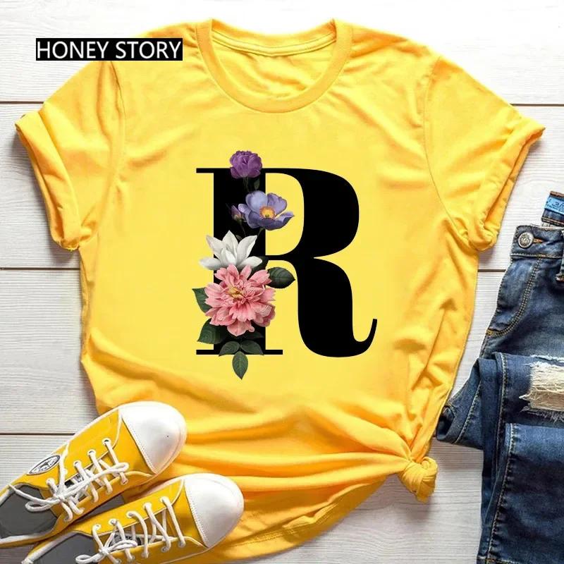 Women's Summer Short Sleeve T-Shirts Fashionable Casual Round Neck 26 English Letters Flower & Name Letter Printed Cotton T-shirts