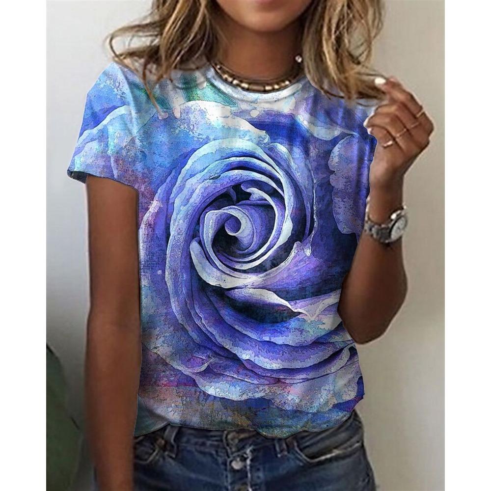 Round Neck 3D Flower Printed Top Fashionable Casual Short Sleeved Women's T-shirts - Soft Medium Stretch Polyester Fabric Summer Relaxed Fit Clothing