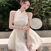 Neck Dress Women's Summer New Super Fairy Pure Desire French Ruffle Leaf Edge Waist Short Skirt Niche Temperament