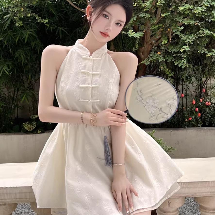 Neck Dress Women's Summer New Super Fairy Pure Desire French Ruffle Leaf Edge Waist Short Skirt Niche Temperament