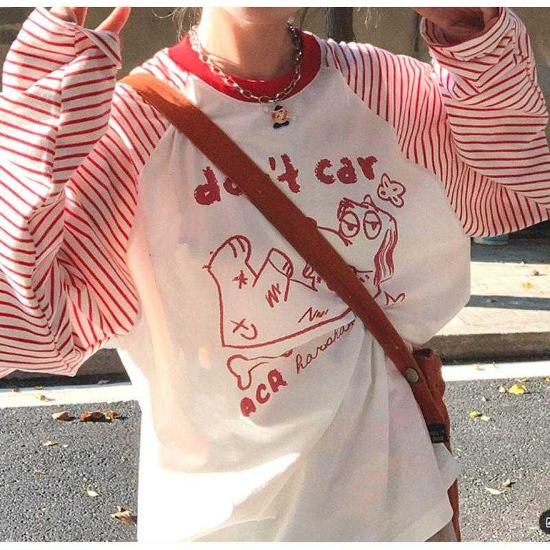 

[210g 40-Count Fine Cotton 1*1] American-Style Sweet Retro Raglan Printed Long-Sleeve T-Shirt for Women Early Autumn Top Red Stripes S