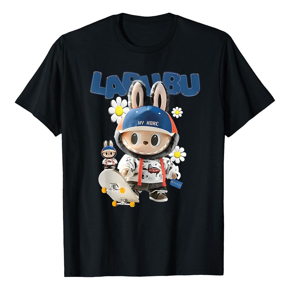Labubu cute printed women's fashionable blouse T-shirt round neck loose sports casual short sleeve