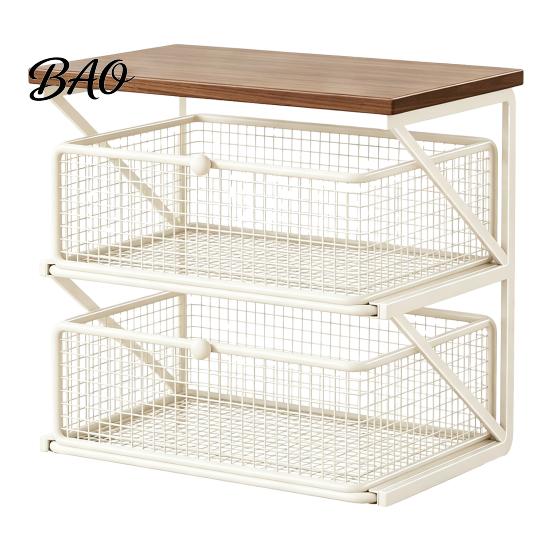 Coffee Station Organizer with Drawer, Tiered Bar Organizer, Wooden Top Shelf, Accessories Wire Mesh Drawers for Tea Bags, Capsules, Office Desk,