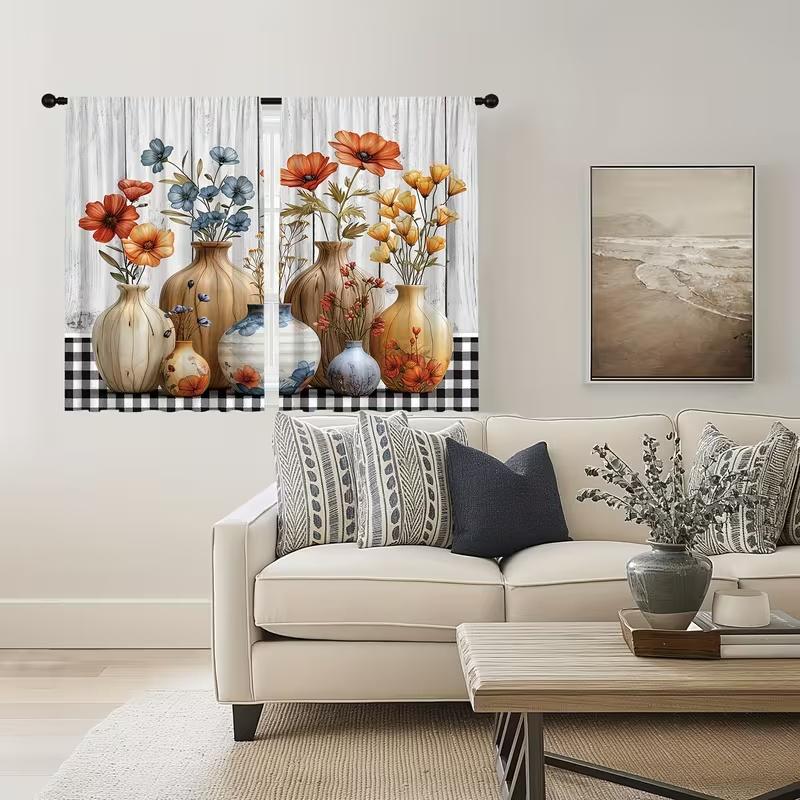 Set Of 2 Retro Vase Print Curtains Suitable Bedroom Living Room Kitchen Decoration Home Window Curtain Polyester Ideal For Area
