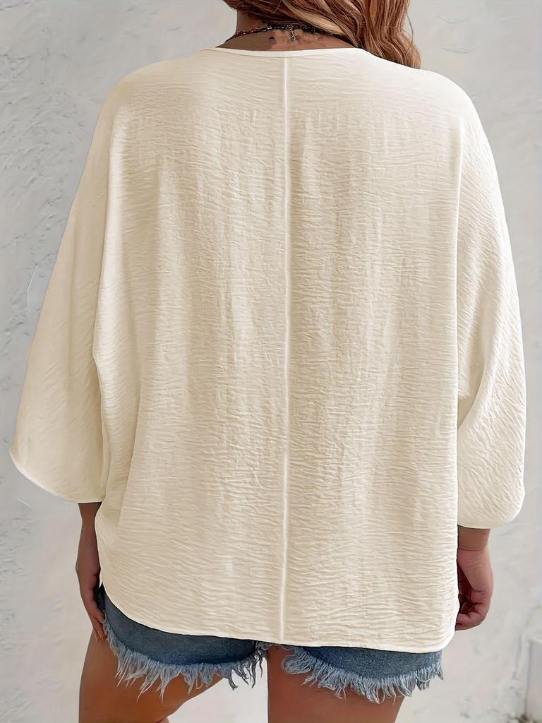 Spring/Autumn 2025 Women's V-neck Ice Silk Wrinkled Cardigan, Solid Color, Three-Quarter Sleeve, Loose Fit