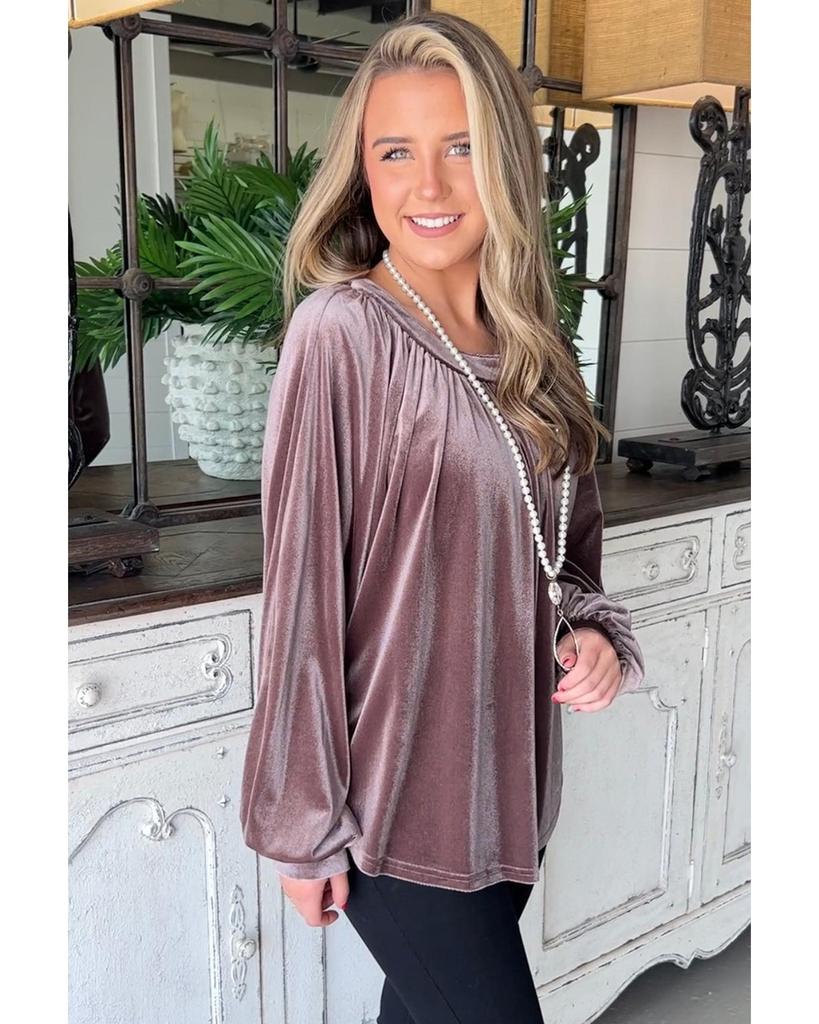 Azura Exchange Rose Tan Button Keyhole Back Velvet Swing Top