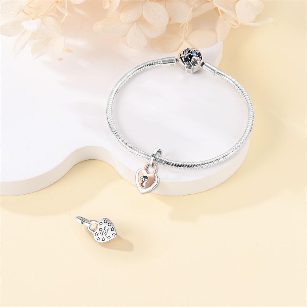 Original Copper Charms Luxury Rose Gold Heart Lock Pendant Beads Fit Bracelet Diy Women Making Delicate Gift