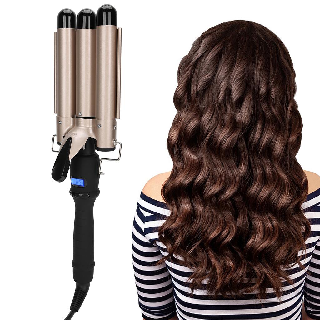3 Barrel Curling Iron Wand Hair Waver Curler Iron Hair Waving Styling Tools Gold 110‑240VUS P Lug 32mm