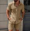 Conjunto Casual de Duas Peças para Homem no Verão Camisa de Botão de Manga Curta e Conjunto de Calções Tecido Leve e Respirável para Uso Diário