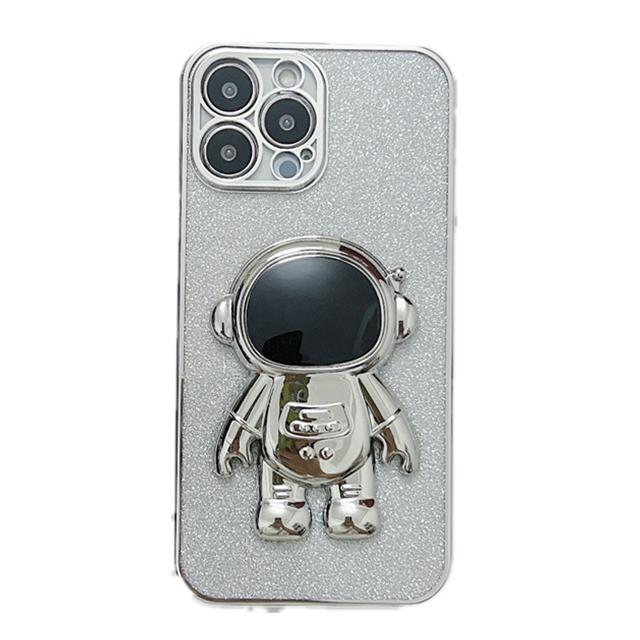 Fashion Glitter Astronaut Foot Stand Phone Case For iPhone 16 15 14 13 11 Pro XR Xs Max 12 Mini Plating Holder Cover On 7 8 Plus
