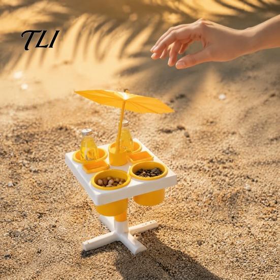 Portable Outdoor Tray Beach Snack & Drink Table, 3D Printed Sand Table with 6 Compartments, Travel Coffee Cup Holder Mini Beverage Slots for