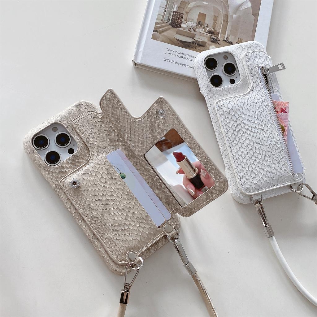 For iPhone 15 Pro Max Case Zipper Card Holder Mirror Snake Texture PU+PC Back Cover with Lanyard
