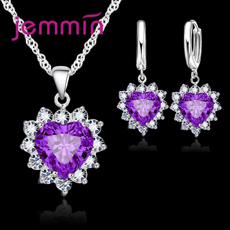 Top Sale Wding Engagement Anniversary Gift Zircon Sets 925 Copper Color Stamped Heart Pendant Hoop Earrings for Women Girls