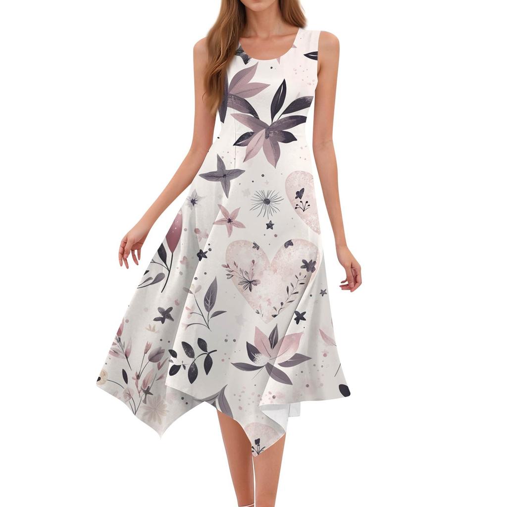 Women's Casual Fashion Round Neck Sleeveless Floral Print Irregular Hem Midi Dress