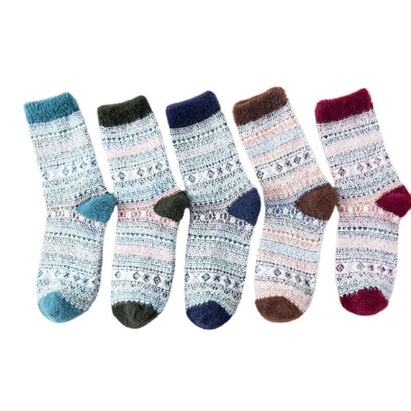 5 Pairs of Men's Double Ethnic Style Thickened Warm Mink Fleece Rabbit Wool Mid Calf Socks
