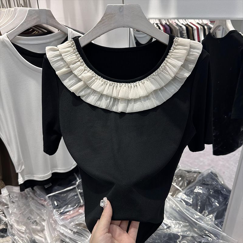 

Молодежные шифоновые топы с оборками, бриллиантовым декором, приталенного кроя, контрастных цветов Black S