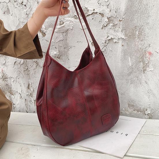 Vintage Solid Color Faux Leather Handbag Women Large Capacity Tote Shoulder Bag