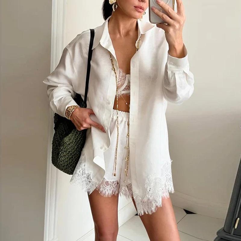 Spring European Style Women Clothing Fashion Casual Solid Color Block Shorts Set