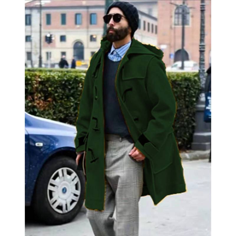 Men's Medium Long Casual Woolen Coat Men's Stand Collar Beveled Buckle with Welt Side Pocket Slim Fit Windbreaker Jacket