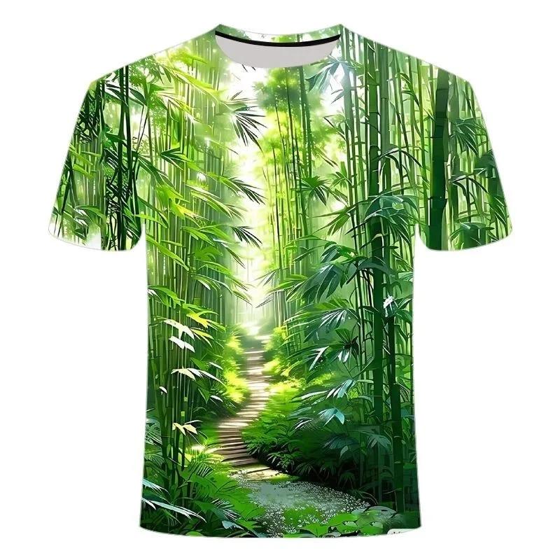 Summer Fashion New Men's Bamboo Forest Printed T-shirt Leisure and Comfortable Short Sleeved Round Neck Plus Size Popular Top