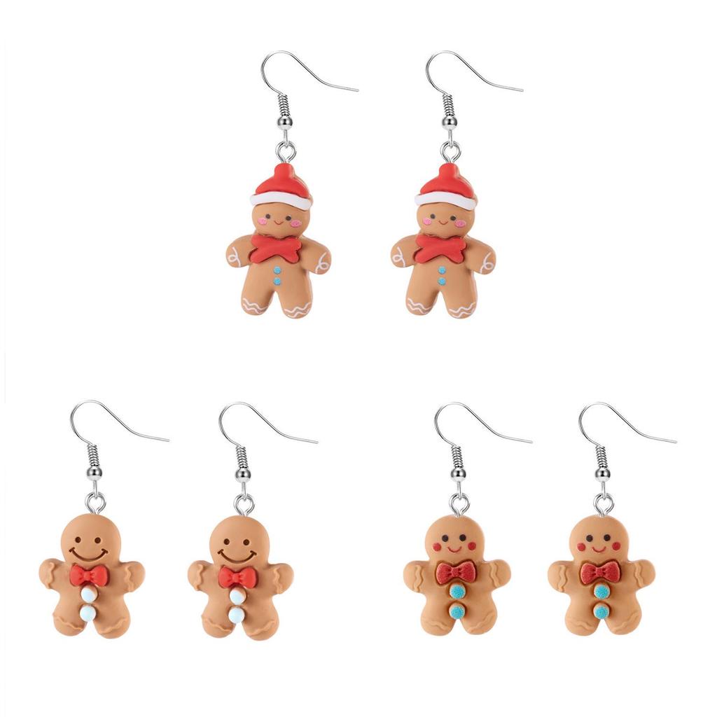 Cute Gingerbread Man Cartoon Christmas Earrings with Resin Bow