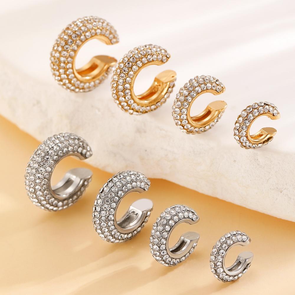 Punk Rhinestones C-Shape Ear Clips for Women Bohemian Ear Cuff Luxury Clip On Earring Female Jewelry Personality Accessories
