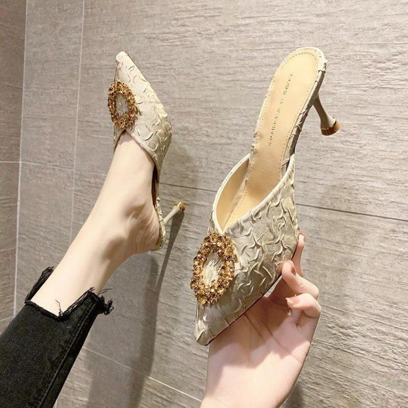 Fashion Women's Mules Slippers and Ladies Sandals Sexy Heeled Rhenstone Shoes Summer Sale Clappers Unique Non Slip Casual Pvc on Slides