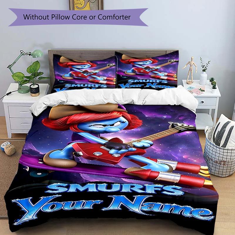 Cosmic Cowboy Smurfette Guitar Bedding Set Personalized Washable Custom 3Pcs Duvet Cover Pillowcases Soft Microfiber Home Bedroom Gift