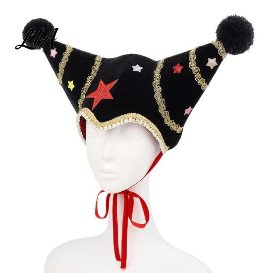 Holiday Photo Booth Decorations Christmas Jester Hat, Velvet Star Clown Hat with Gold Trim Pom Retro Style Performance Headpiece Poms, Adjustable Tie,