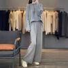 Damen 100% Wolle Strick Zweiteiler: Rundhals-Cardigan & Weitbeinige Hose