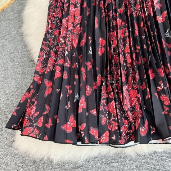 Fustă Lungă Stil Retro Talie Înaltă Elastică Fustă Pliată Imprimată cu Fluturi Tiv Larg Fustă din Material Respirabil Purtare Zilnică