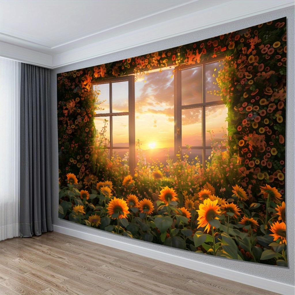 Large Sunflower Wall Tapestry  Realistic Yellow  Brown Sunflowers with Green Foliage Window Pane Mural  Easy Peel  Stick or