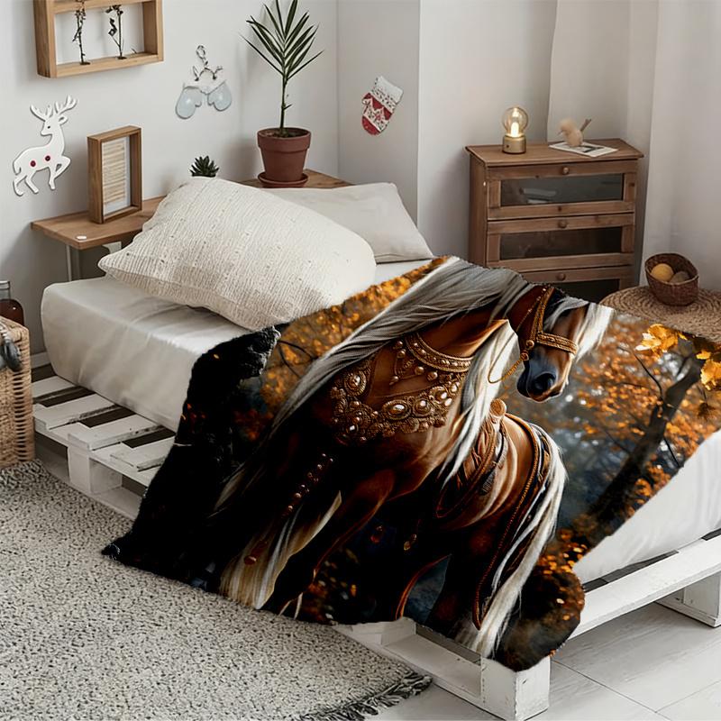 Horse and Forest Landscape Art Pattern Decorative Throw Blanket for Sofa, Bed, Living Room, and Home Decor Styling