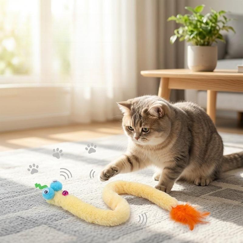 Cat Chew Toy Plush Simulated Snake Squeaky Bell Teasing Stick Kitten Toy Chew-resistant Teeth Grinding Cat Toy