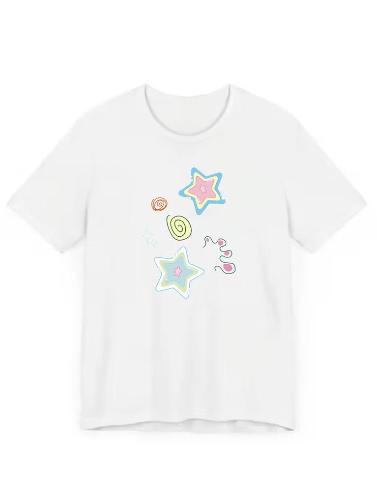 Vintage Washed Pastel Kawaii Star Cute Colorful Doodle Swirl Print Y2K Cute Aesthetic Fan Gift Graphic T-shirt Women Printed Tee Summer Casual Fashion