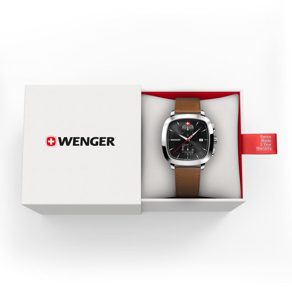 WENGER VINTAGE CLASSIC CHRONO Watch with Stainless Steel Case Black Brown Recycled Leather Quartz 50m Water Gift Idea Men's (316L), Dial, Strap,