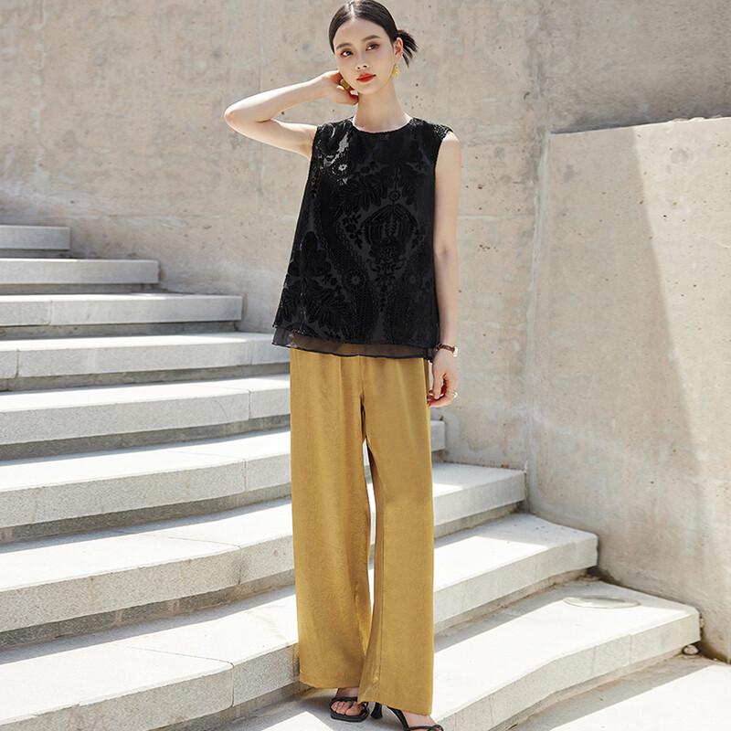 New Chinese Style Embroidered Top & Wide-Leg Pants Set L