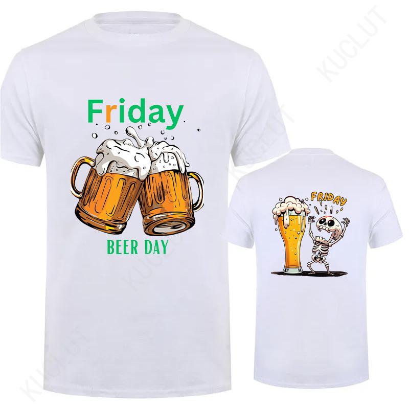 Fashion Skeleton Enjoying FRIDAY Beer Day Tees Back Print Men's T-Shirt Finally Friday for Drink Lover Male Oversized Clothing