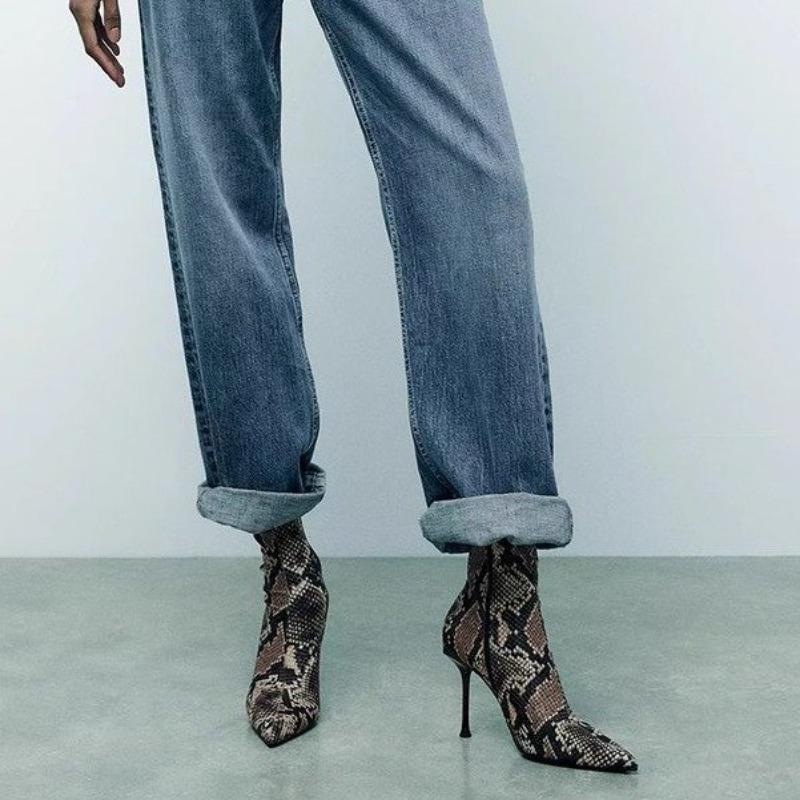 Fashion Pointed Toe Sexy High Heels Women's New Stiletto Plaid Snake Side Zipper Anti-Slip Wear-Resistant High Heel Boots