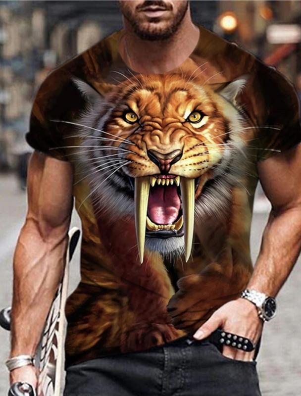

Мужская футболка с рисунком животных 3D Saber Tooth Tiger с коротким рукавом, модная персонализированная футболка в стиле ретро, свободная одежда больших размеров 2024
