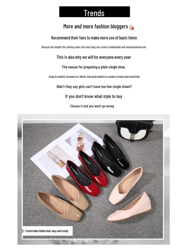 Schwarze Loafer mit verstecktem Absatz: Damen Rutschfester Keil mit Quadratischer Spitze, Professionelle Weiche Sohle für Küche, Lackleder, für Frühling & Herbst.