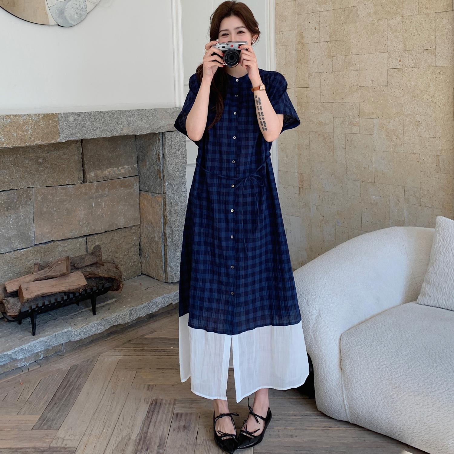 

DIMANAF 2025 Summer Plus Size Dress Women Casual Vintage Short Sleeve Plaid Long Dress Buttons Loose Basic Dress 3XL синий