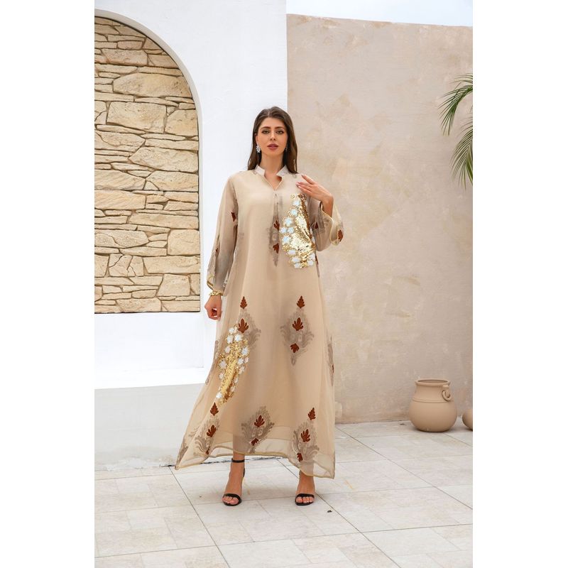 

Magic Queen Indonesia Middle East Lady Beige Robe Sequin Embroider Arabic Robe Dress Dresses Apricot color 2XL