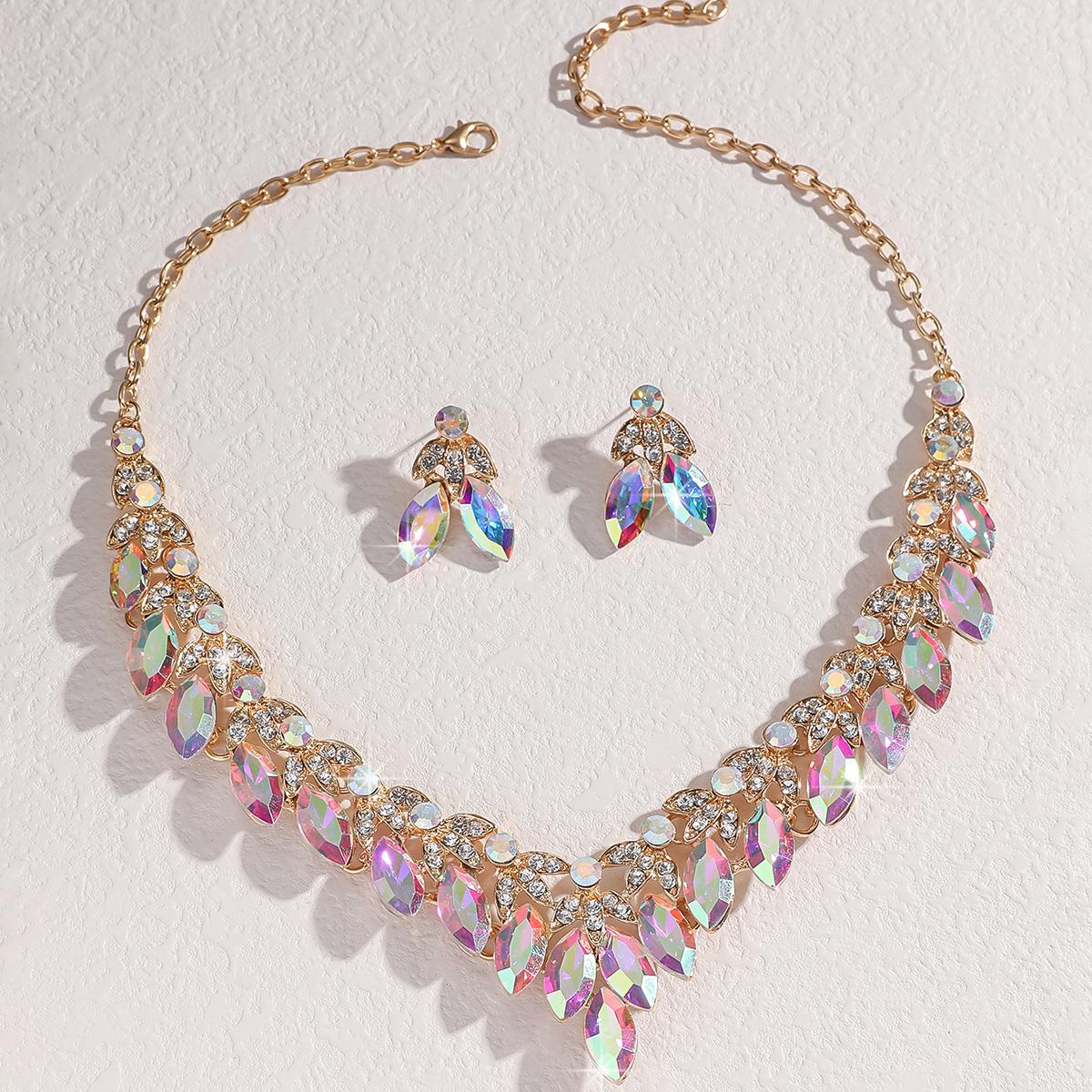 

3 предмета Сезон свадеб Женский модный тренд Полный циркон Лист Ожерелье Серьги Набор с цирконами Свадебный банкет Вечеринка Фестиваль Подарки