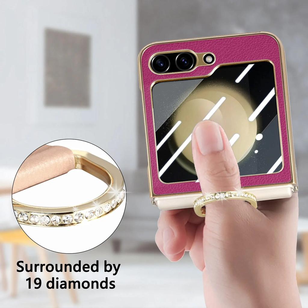 Anti-Knock Portable Bling Ring Case for Samsung Galaxy Z Flip 5 Flip4 Flip5 Flip 4 5G Leather Cell Phone Cover Glass Film