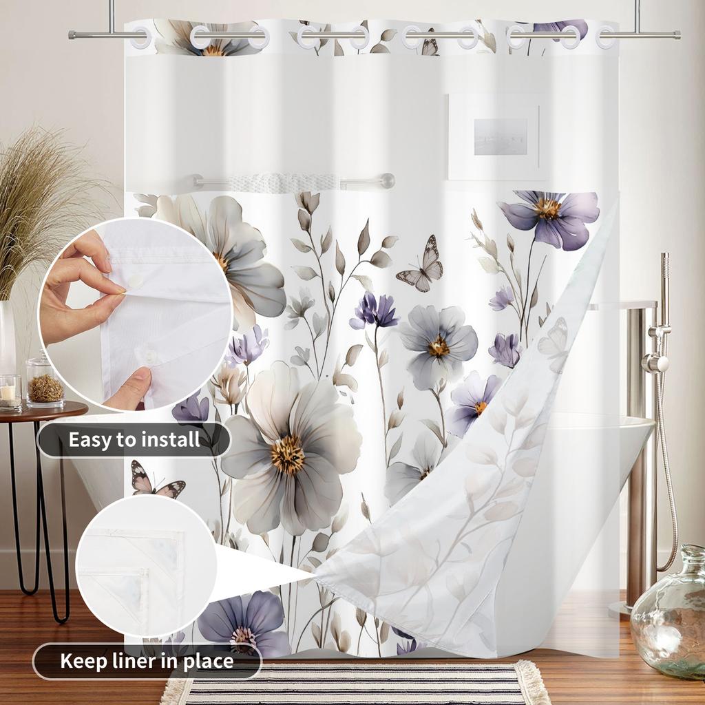 Elegant Floral Shower Curtain Double Layer Waterproof Watercolour Plants Modern Bath Curtain Polyester Home Bathroom Decoration