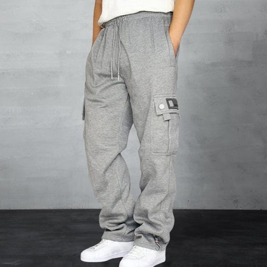 

Men Sport Pants Loose Straight Wide Leg Drawstring Elastic Waist Soft Solid Color Gym