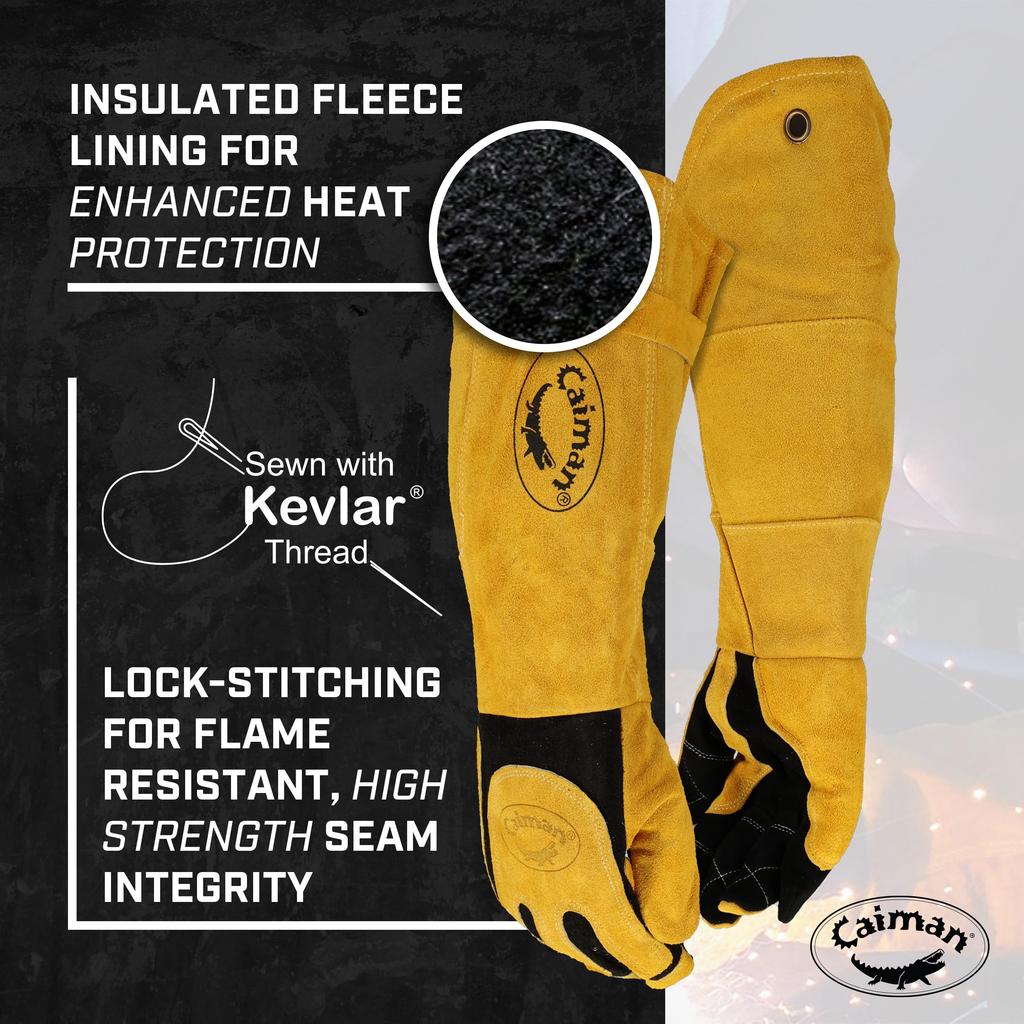 Caiman Kontour Black American Deer Welding Gloves with Cotton Fleece Long Cuff Skin/Boarhide Liner, (Large)